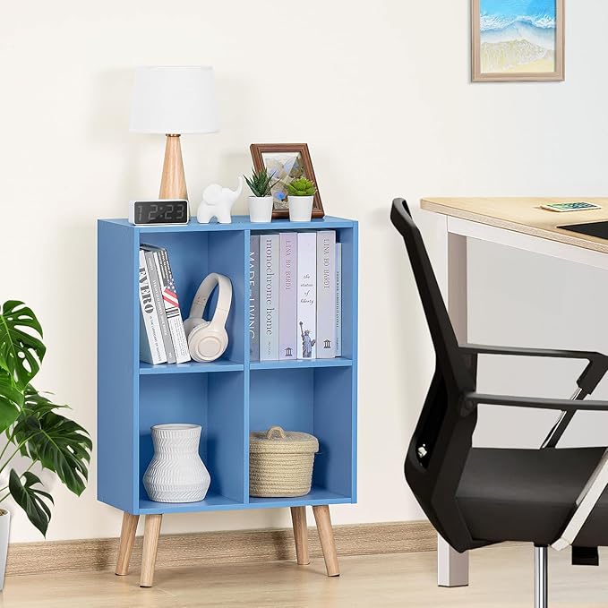 YAHARBO 4 Cube Bookshelf, Blue Small Kids Book Shelf with Cubby Storage,Wooden Modern Bookcase with Legs,2 Tier Freestanding Display Book Case Organizer,Bookshelves for Office,Nursery,Playroom - LeafyLoom