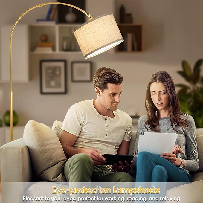 Gold Floor Lamp, Arc Floor Lamp for Living Room with Adjustable Drum Lampshade, Modern Tall Standing Lamp with On/Off Foot Switch, Over Couch Arched Reading Light for Reading, Bedroom, Office - LeafyLoom
