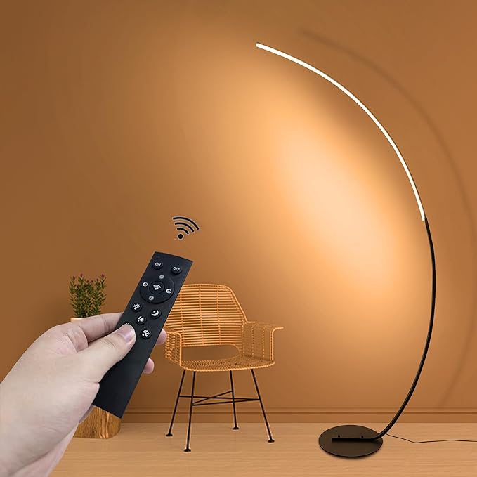 Curved Floor Lamps for Living Room with Remote Control, Modern High Black LED Dimmable Arc Floor Lamp, 3 Color Temperature, Cool Unique Bedroom Office Floor Lamp - LeafyLoom
