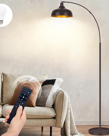 Arc Floor Lamps Bronze, Standing Lamps for Living Room with Remote Control, Foot Switch, Metal Shade, Arched Floor Lamp with Stepless Dimmable LED Bulb, Brown Floor Reading Tall Lamp for Bedroom - LeafyLoom