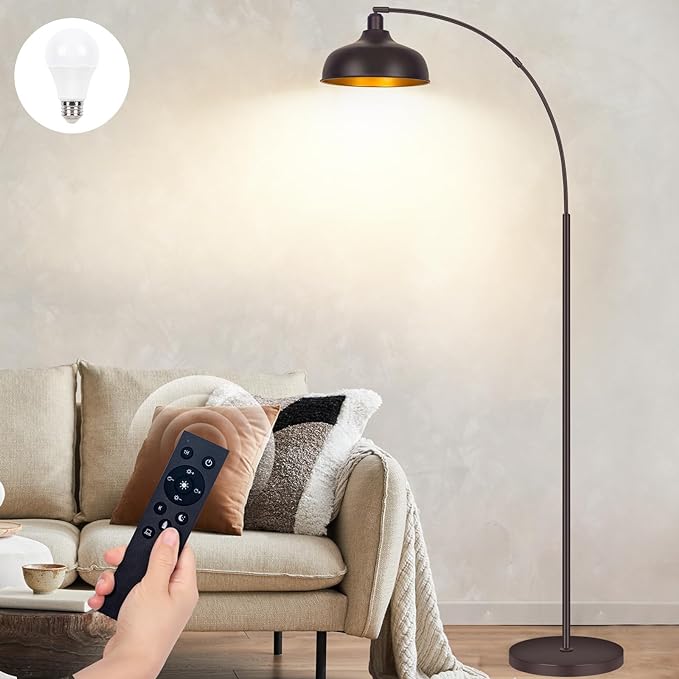 Arc Floor Lamps Bronze, Standing Lamps for Living Room with Remote Control, Foot Switch, Metal Shade, Arched Floor Lamp with Stepless Dimmable LED Bulb, Brown Floor Reading Tall Lamp for Bedroom - LeafyLoom