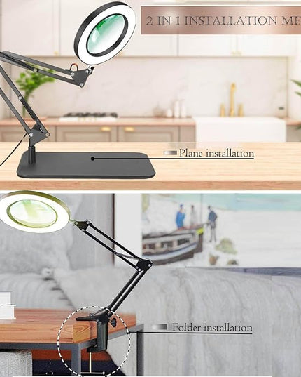 Magnifying Glass with Light and Stand, Desk Lamp with 10X Magnifying, 3 Color Modes, Dimmable Swivel Arm Magnifier Light for Crafts Workbench - LeafyLoom