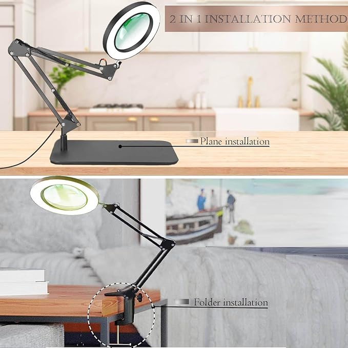 Magnifying Glass with Light and Stand, Desk Lamp with 10X Magnifying, 3 Color Modes, Dimmable Swivel Arm Magnifier Light for Crafts Workbench - LeafyLoom