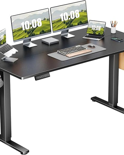 Sweetcrispy Electric Adjustable Height Standing Desk - 63 x 24 inch Sit to Stand Up Desk with Splice Board, Rising Home Office Computer Table with 2 Hook and Wire Hole for Work - LeafyLoom