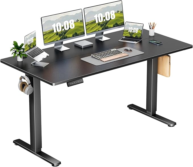 Sweetcrispy Electric Adjustable Height Standing Desk - 63 x 24 inch Sit to Stand Up Desk with Splice Board, Rising Home Office Computer Table with 2 Hook and Wire Hole for Work - LeafyLoom