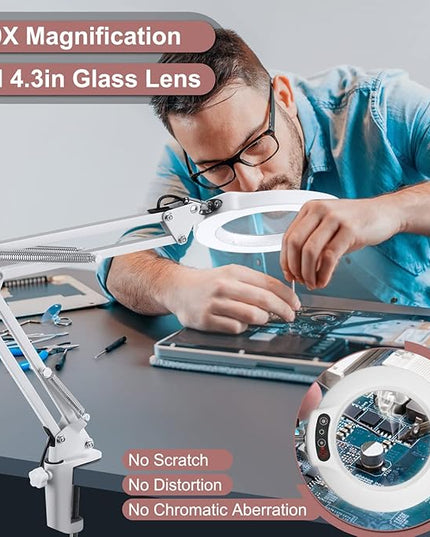 Veemagni 10X Magnifying Glass with Light with Clamp, 5 Color Modes Stepless Dimmable, Adjustable Swing Arm LED Lighted Desk Lamp, Hands Free Magnifier with Light and Stand for Craft Hobby Close Works - LeafyLoom