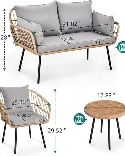 YITAHOME 4 Pieces Patio Furniture Set, Wicker Balcony Bistro Set, Outdoor All-Weather Rattan Conversation Set with Loveseat Chairs Table Soft Cushions for Backyard, Pool, Deck, Garden - Grey - LeafyLoom