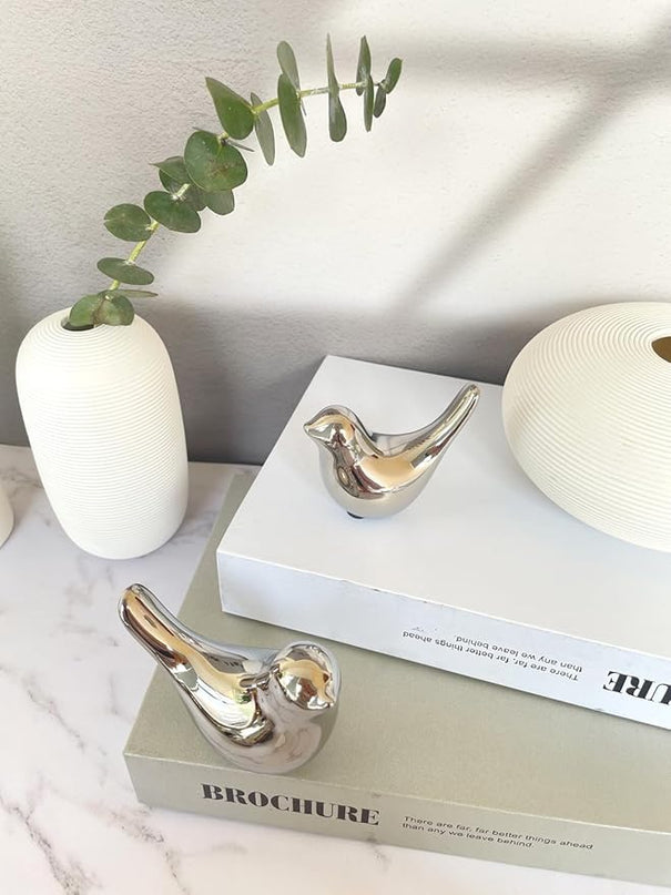 Cute Shelf Decor Birds, Small Animal Figurines Home Decor, Ceramic Silver Birds Shelf Decorations for Living Room Bedroom Bookshelf Table Top - LeafyLoom