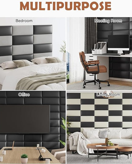 Wall Mounted Upholstered Headboard Queen, 3D Peel and Stick Soundproof Wall Panels, Reusable and Removable Padded Headboard Leather Bed Headboard, 9 Panels Headboard 9.84" x 23.62", Black - LeafyLoom