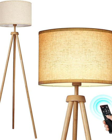 OUTON Tripod Floor Lamp, Floor Lamp with Remote Control, 4 Color Temperature, Modern Dimmable Tall Standing Lamp with Beige Linen Texture Shade for Living Room, Bedroom, Office (Nature Wood) - LeafyLoom