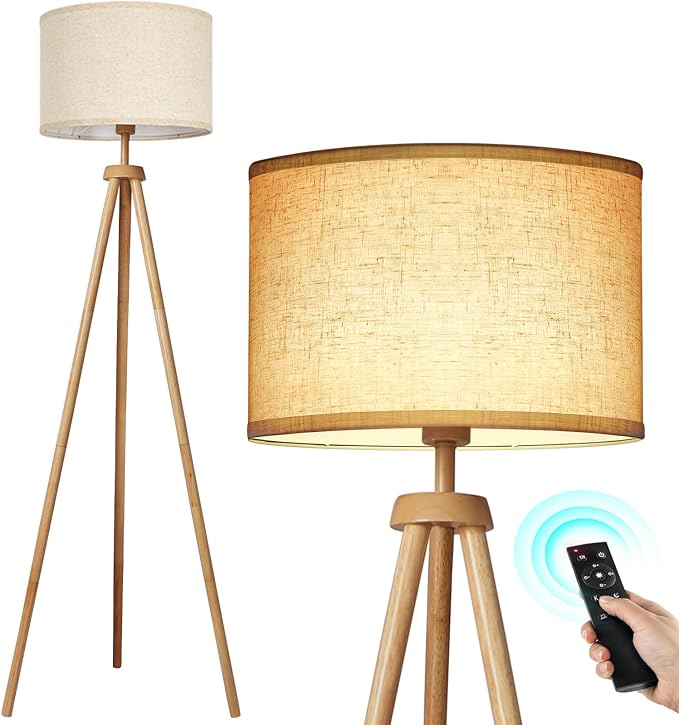OUTON Tripod Floor Lamp, Floor Lamp with Remote Control, 4 Color Temperature, Modern Dimmable Tall Standing Lamp with Beige Linen Texture Shade for Living Room, Bedroom, Office (Nature Wood) - LeafyLoom