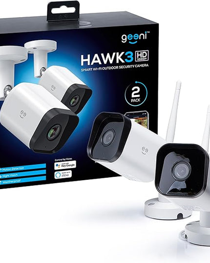 Geeni Hawk 3 Outdoor Security Camera, 1080p HD, Weatherproof, Motion Detection, Night Vision, Two-Way Audio, Cloud & MicroSD Storage, Alexa & Google Assistant Compatible, Wi-Fi, 2-Pack Geeni