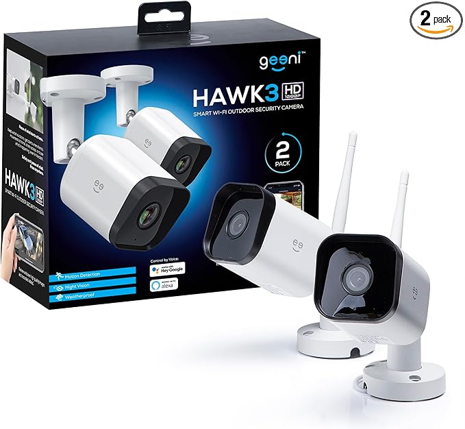 Geeni Hawk 3 Outdoor Security Camera, 1080p HD, Weatherproof, Motion Detection, Night Vision, Two-Way Audio, Cloud & MicroSD Storage, Alexa & Google Assistant Compatible, Wi-Fi, 2-Pack Geeni