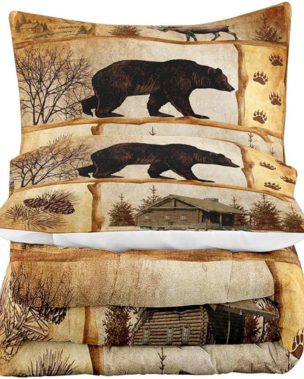 LUVIVIHOME 3PCS Rustic Cabin Comforter Set Full Size, Moose Bear Bedding Brown Quilt, Deer Woodland Forest Animal Wildlife Hunting Hunter Lodge Country Rustic Farmhouse Bedroom Decor, 2 Pillow Shams - LeafyLoom