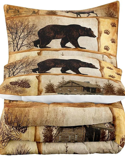 LUVIVIHOME 3PCS Rustic Cabin Comforter Set Queen Size, Moose Bear Bedding Brown Quilt, Deer Woodland Forest Animal Wildlife Hunting Hunter Lodge Country Rustic Farmhouse Bedroom Decor, 2 Pillow Shams - LeafyLoom