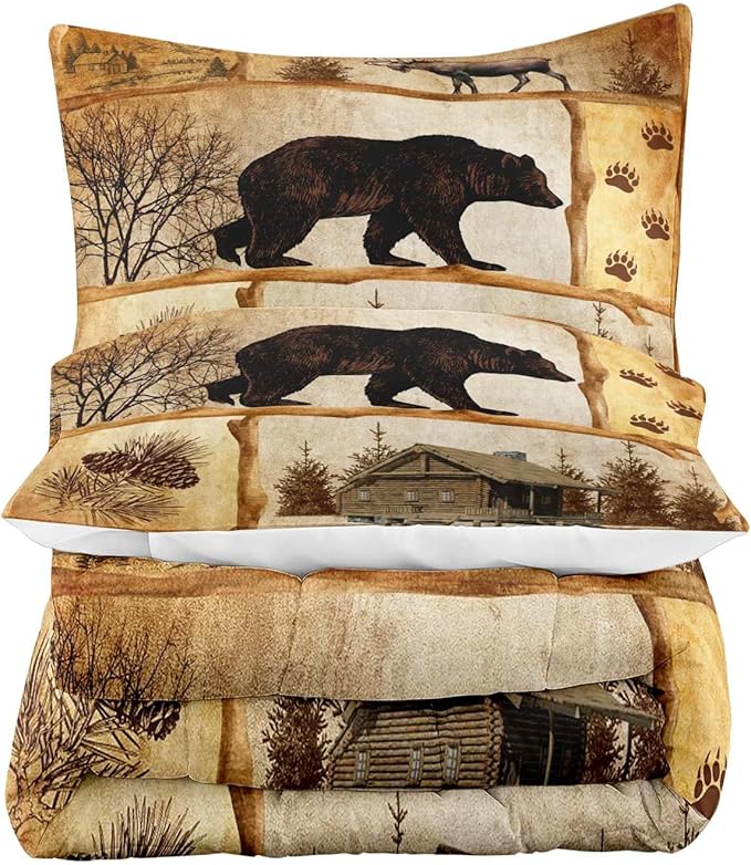 LUVIVIHOME 3PCS Rustic Cabin Comforter Set Queen Size, Moose Bear Bedding Brown Quilt, Deer Woodland Forest Animal Wildlife Hunting Hunter Lodge Country Rustic Farmhouse Bedroom Decor, 2 Pillow Shams - LeafyLoom
