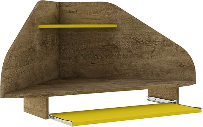 Manhattan Comfort Bradley Mid Century Modern Home Office Floating Corner Desk with Keyboard Shelf, 43.98", Rustic Brown/Yellow - LeafyLoom