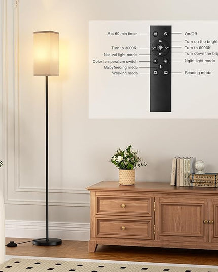Ambimall Remote Control Floor Lamp, Stepless Dimmable, 64 Inches Tall, Include 9W Bulb, Standing Lamp for Living Room Bedroom Office (Grey & Black) - LeafyLoom