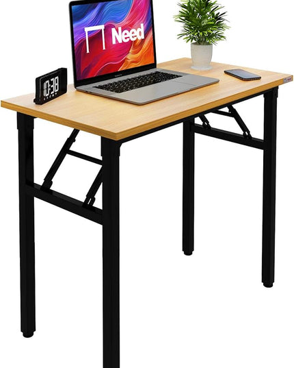 Need Folding Desk Small Desk 31 1/2" No Assembly Foldable Computer Desk for Small Space/Home Office/Dormitory,Teak&Black Frame - LeafyLoom