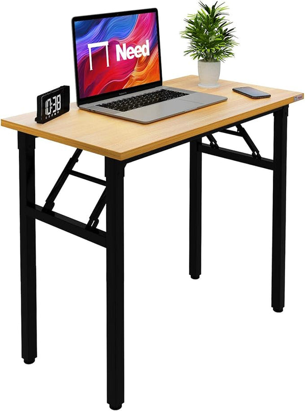 Need Folding Desk Small Desk 31 1/2" No Assembly Foldable Computer Desk for Small Space/Home Office/Dormitory,Teak&Black Frame - LeafyLoom
