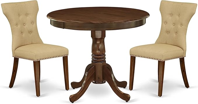 East West Furniture ANGA3-AWA-03 3 Piece Set Contains a Round Dining Room Table with Pedestal and 2 Upholstered Chairs - LeafyLoom