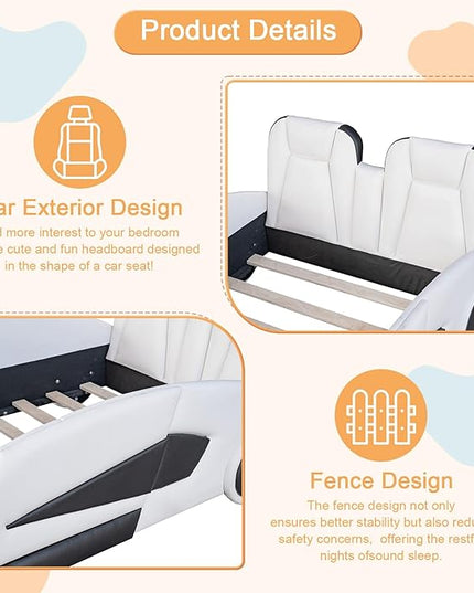 Twin Size Bed Frame for Kids, Race Car-Shaped Wooden Platform Bed with Guardrail and Upholstered Headboard, Wheels and Support Slats, for Boys Girls Child's Bedroom, No Spring Need (White) - LeafyLoom