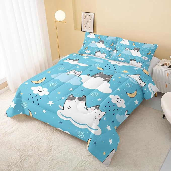 Cat Comforter Queen Size,Blue Cloud Cats Comforter Set for Kids Teens Girls Boys,3Pcs Bedding Set Printed Comforter with 2 Pillowcases,Down Alternative,Soft and Lightweight，Queen Size - LeafyLoom
