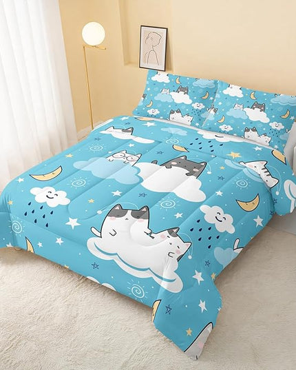 Cat Comforter King Size,Blue Cloud Cats Comforter Set for Kids Teens Girls Boys,3Pcs Bedding Set Printed Comforter with 2 Pillowcases,Down Alternative,Soft and Lightweight，King Size - LeafyLoom