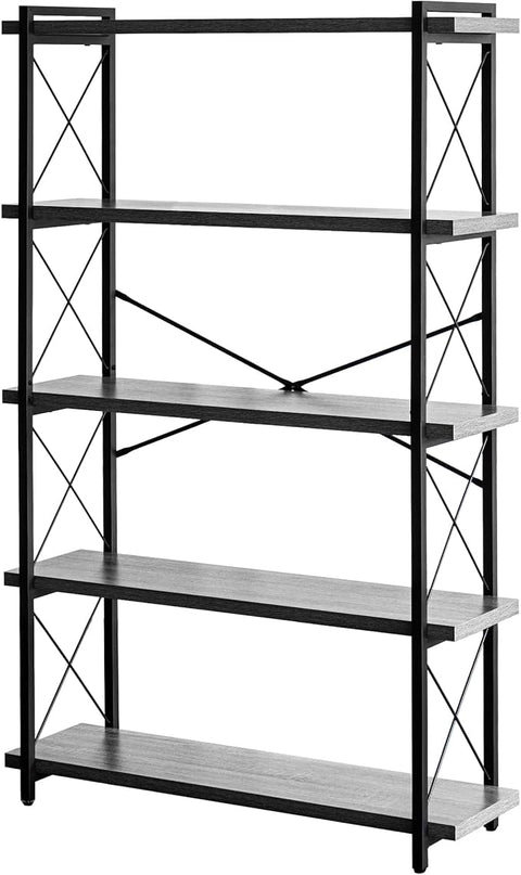 HCHQHS Bookshelf, 5-Tier Industrial Bookcase, Rustic Open Book Shelf, Freestanding Tall Bookshelves with Metal Frame - LeafyLoom