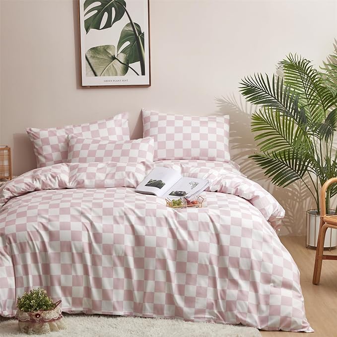 Pink White Grid Comforter Set Cal King Pink Plaid Bedding Set Women Pink and White Checkered Bed Comforter Set Breathable Blanket Set Men Durable Bedding Comforter Set - LeafyLoom