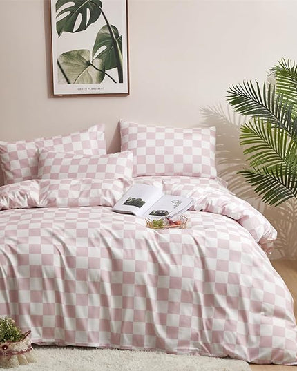 Pink White Grid Comforter Set King Pink Plaid Bedding Set Women Pink and White Checkered Bed Comforter Set Breathable Blanket Set Men Durable Bedding Comforter Set - LeafyLoom