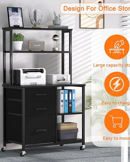 File Cabinet with Drawers and Shelves,Mobile Printer Stand with Storage,Black Filing Cabinet with Wheels for Home Office - LeafyLoom