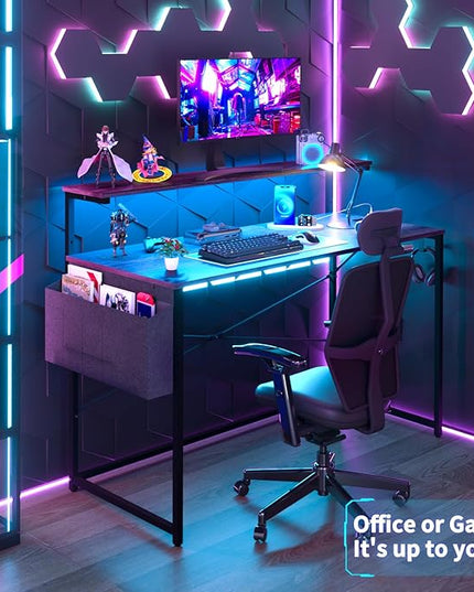 Yoobure Computer Desk with Power Outlets Fast Charging Type-C Included, Gaming Desk with LED Lights, 47" Office Desk with Adjustable Monitor Stand, Small Desk Home Office Desks with Storage Bag & Hook - LeafyLoom
