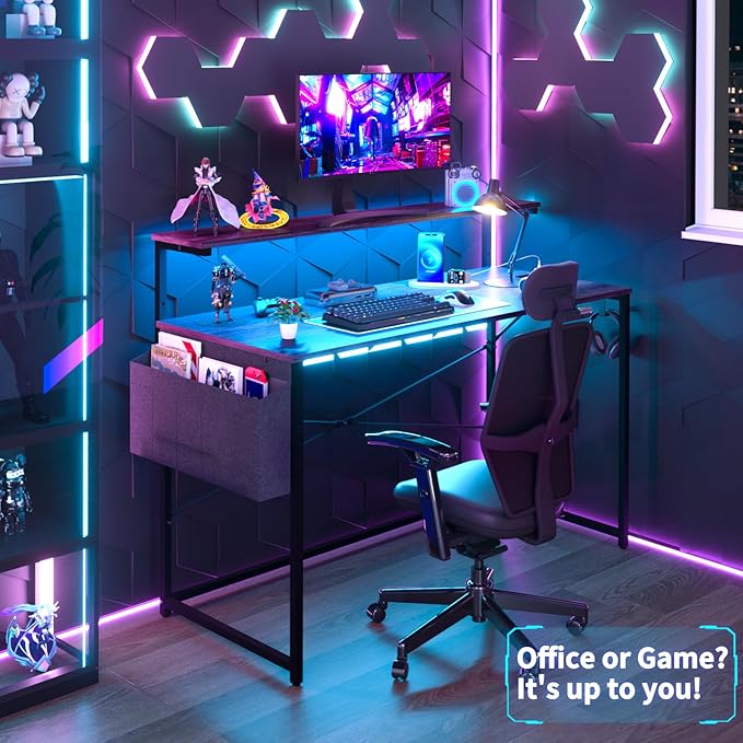 Yoobure Computer Desk with Power Outlets Fast Charging Type-C Included, Gaming Desk with LED Lights, 47" Office Desk with Adjustable Monitor Stand, Small Desk Home Office Desks with Storage Bag & Hook - LeafyLoom