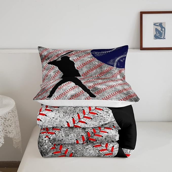 Erosebridal Baseball Comforter Set Queen for Boys Teen Baseball Athlete Bedding Set Kids Ball Games Sports Bed Comforter Sets Sport Baseball Quilt Duvet 2 Pillow Cases Retro Red Dark Blue White - LeafyLoom
