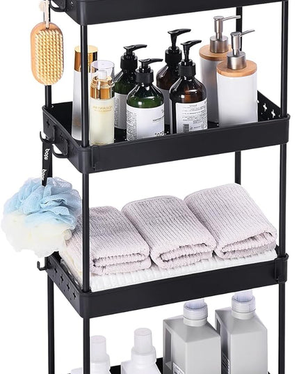 TOOLF 4 Tier Utility Cart with Wheels, Rolling Cart with Adjustable Divider & Hooks, Cart Organizer for Diaper Craft Snack, Narrow Storage Cart for Laundry Bedroom Bathroom Kitchen, Black - LeafyLoom