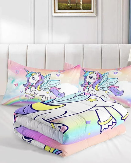 Unicorn Comforter Set for Girls Butterfly Bedding Set Rainbow Quilt Set Twin with 1 Comforter and 2 Pillowcases - LeafyLoom