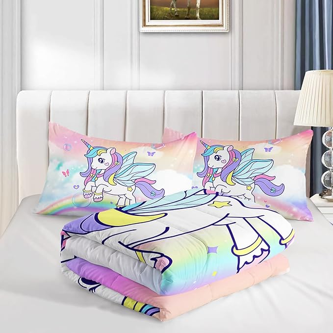 Unicorn Comforter Set for Girls Butterfly Bedding Set Rainbow Quilt Set Twin with 1 Comforter and 2 Pillowcases - LeafyLoom