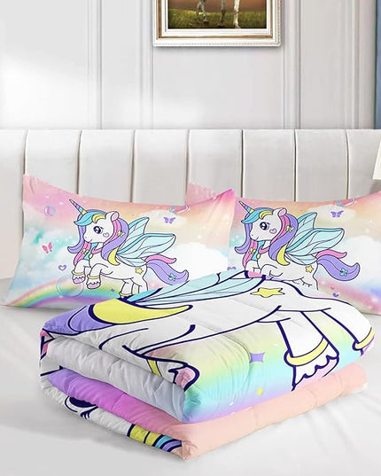 Unicorn Comforter Set for Girls Butterfly Bedding Set Rainbow Quilt Set Twin with 1 Comforter and 2 Pillowcases - LeafyLoom
