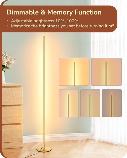 EDISHINE LED Corner Floor Lamp with Remote, 57.5" Minimalist Dimmable Light Pole, Standing Tall Moody Lamp for Living Room, Bedroom, Office, 3000K Warm White Light (Gold) - LeafyLoom