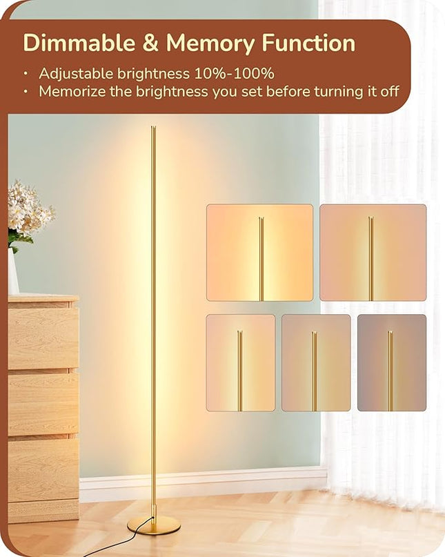 EDISHINE LED Corner Floor Lamp with Remote, 57.5" Minimalist Dimmable Light Pole, Standing Tall Moody Lamp for Living Room, Bedroom, Office, 3000K Warm White Light (Gold) - LeafyLoom