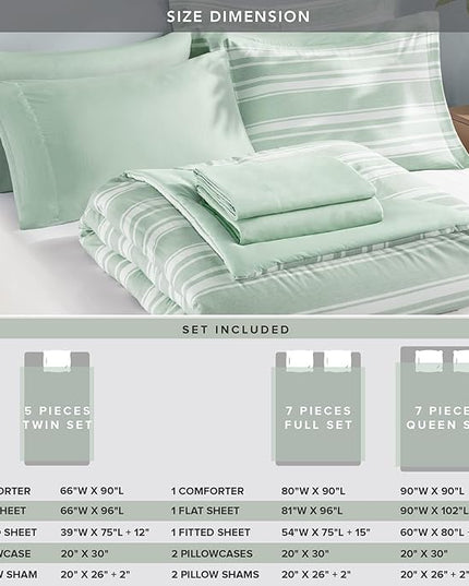 Codi Bed in a Bag Twin Size Complete Set, Sage Green White Striped Single Comforter Set 5 Piece for Teen, Modern Neutral Cationic Dyeing Bed Sets with Comforter, Sheets, Pillowcases & Shams - LeafyLoom