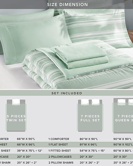 Codi Full Size Comforter Set with Sheets, Sage Green Bed in a Bag for Teen, 7 Piece Striped Bed Sets for All Seasons with 1 Comforter, 2 Pillow Shams, Flat Sheet, Fitted Sheet and 2 Pillowcases - LeafyLoom