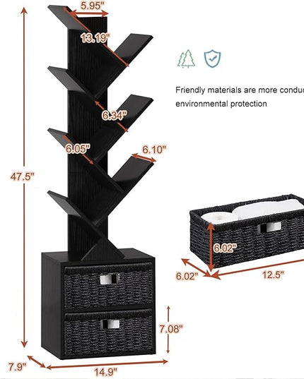 Vagusicc 6 Tier Tree Bookshelf, Modern Floor Standing Bookcase with Storage Drawer, Space Saving Storage Organizer Book Shelves for Books, Tall Wood Storage Rack for Bedroom/Living Room/Home Office - LeafyLoom