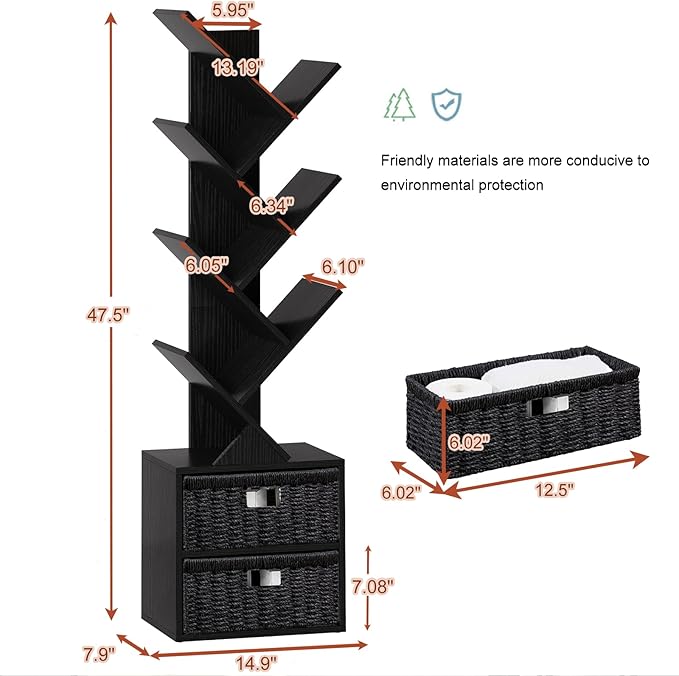 Vagusicc 6 Tier Tree Bookshelf, Modern Floor Standing Bookcase with Storage Drawer, Space Saving Storage Organizer Book Shelves for Books, Tall Wood Storage Rack for Bedroom/Living Room/Home Office - LeafyLoom