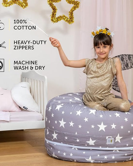 2 Sizes in 1 Stuffed Animal Storage Bean Bag Chair Cover for Kids & Adults | Washable XL Stuffie Seat | 100% Cotton | Pouf Organizer for Plush Toys, Linens, Quilts & Pillows | Twinkle Twinkle - LeafyLoom