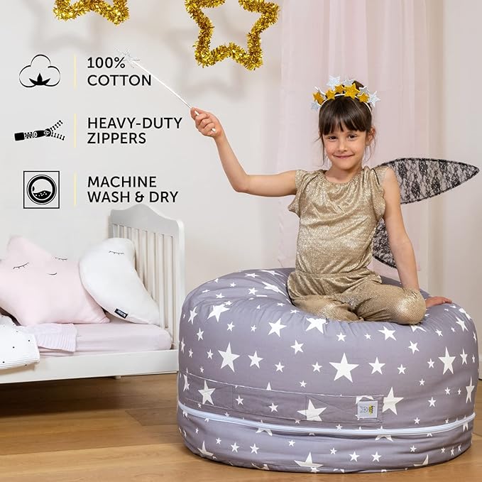 2 Sizes in 1 Stuffed Animal Storage Bean Bag Chair Cover for Kids & Adults | Washable XL Stuffie Seat | 100% Cotton | Pouf Organizer for Plush Toys, Linens, Quilts & Pillows | Twinkle Twinkle - LeafyLoom