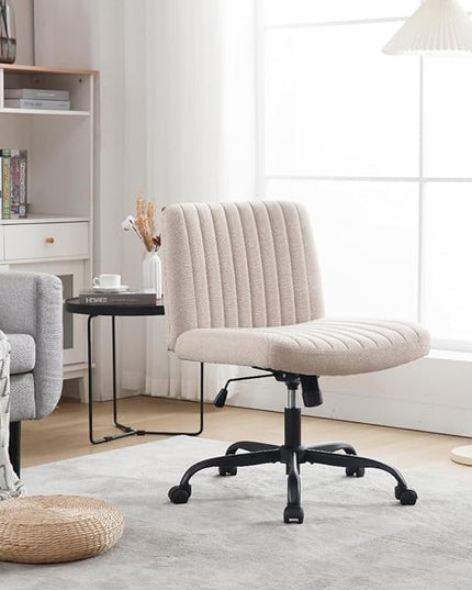 Armless Office Chair with Wheels Wide Desk Chair Leather Mid Back Accent Chair Padded Swivel Vanity Chair for Girl Women Computer Task Chair for Home Office (Linen, Beige) - LeafyLoom