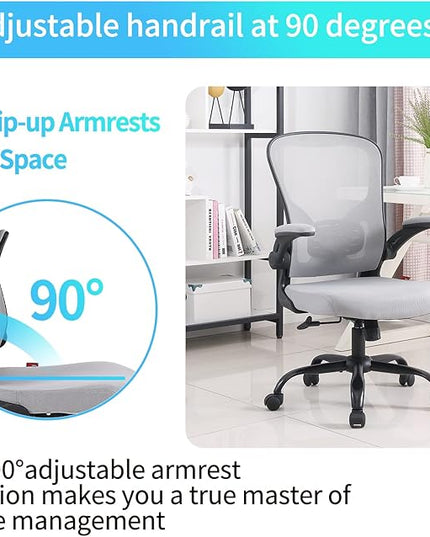 Ergonomic Office Desk Chair Breathable Mesh Swivel Computer Chair, Lumbar Back Support Task Chair, Grey Office Chairs with Flip-up Arms, Adjustable Height Executive Rolling Chair - LeafyLoom