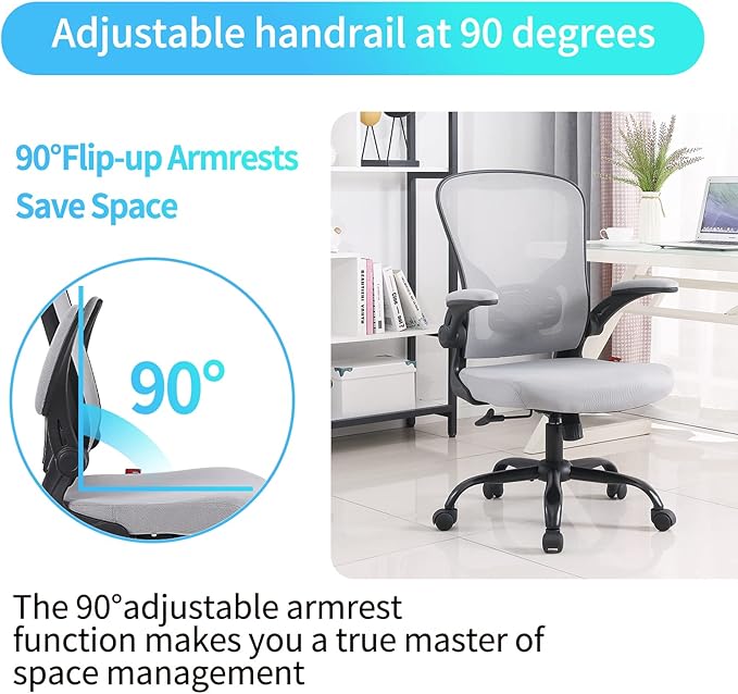 Ergonomic Office Desk Chair Breathable Mesh Swivel Computer Chair, Lumbar Back Support Task Chair, Grey Office Chairs with Flip-up Arms, Adjustable Height Executive Rolling Chair - LeafyLoom